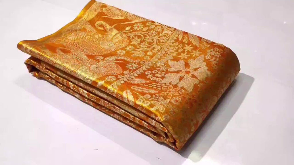 Orange Kanchipuram håndvævet vævsbrokade silkesari