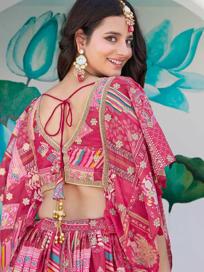 Pink Silk Lehenga with Digital Print & Embroidery