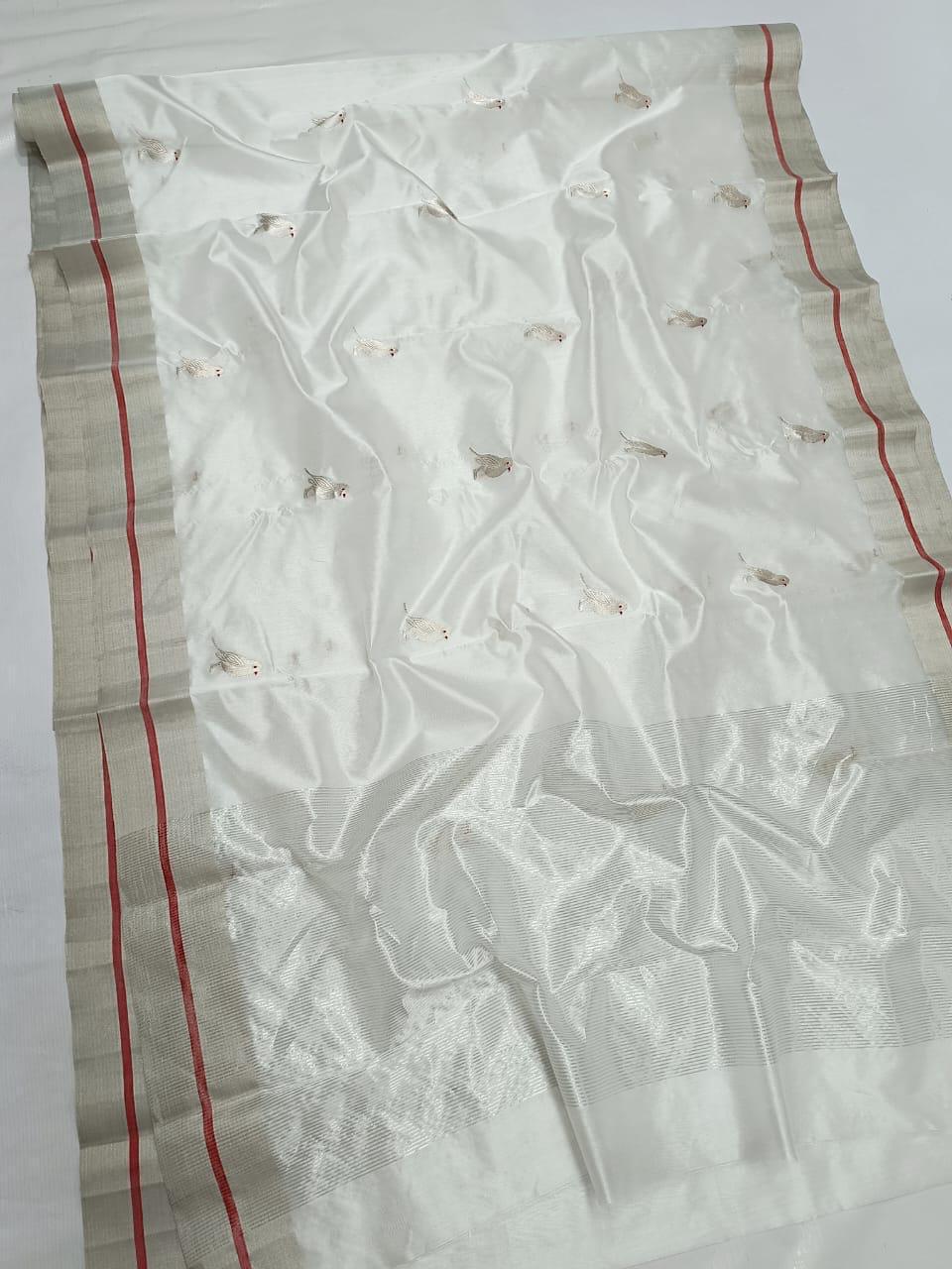 Pearl White Chanderi Handloom Pattu Silk Eknal Buttas Saree