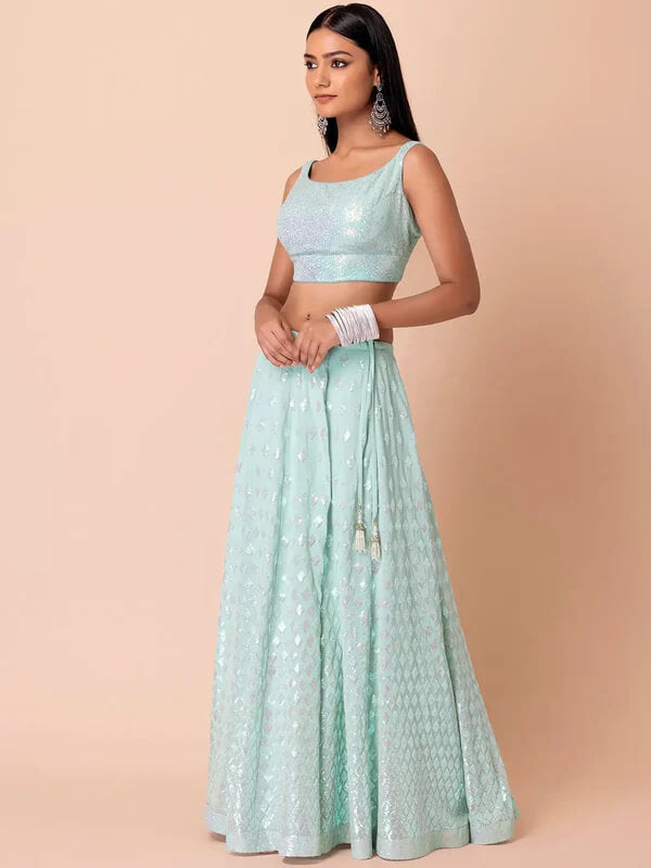 Sky Blue Party Lehenga with Sequins & Ruffle Dupatta