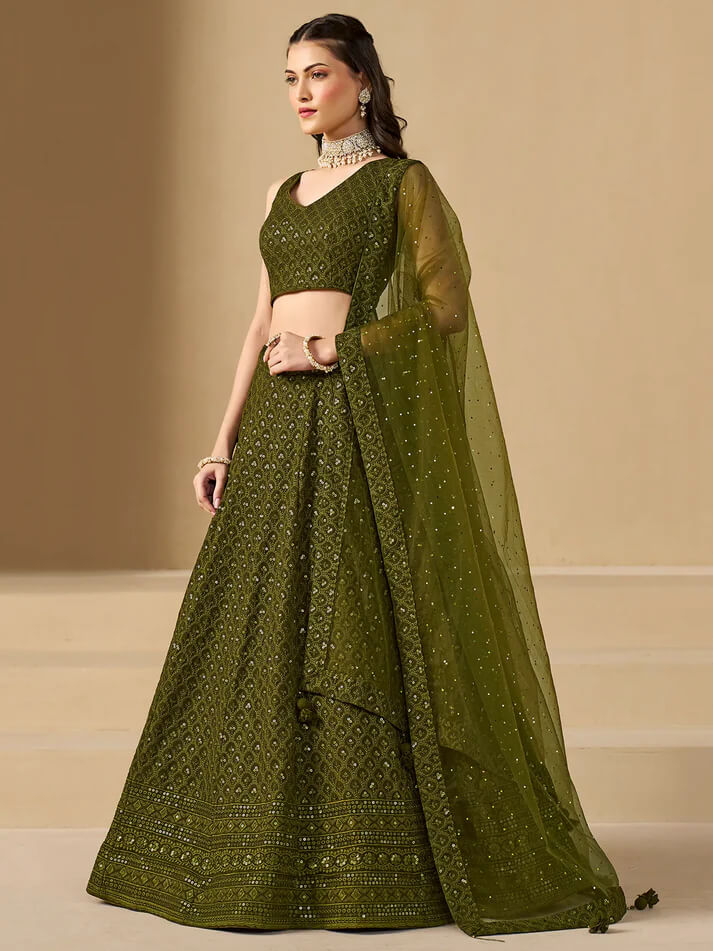 Mehendi Green Designer Lehenga with Sequins Embroidery