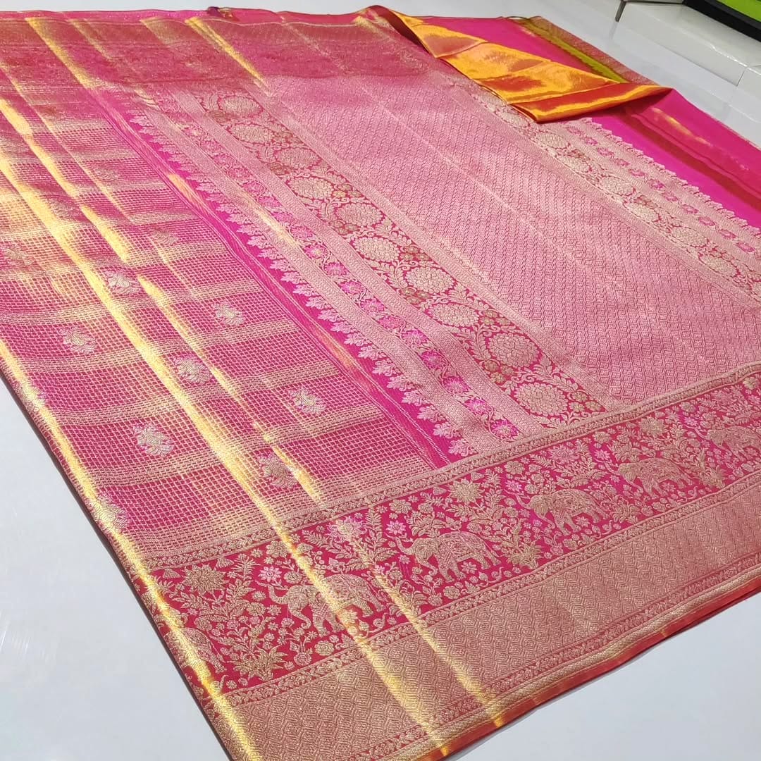 Hot Pink Kanchipuram Handloom Tissue Brocade Silk Saree