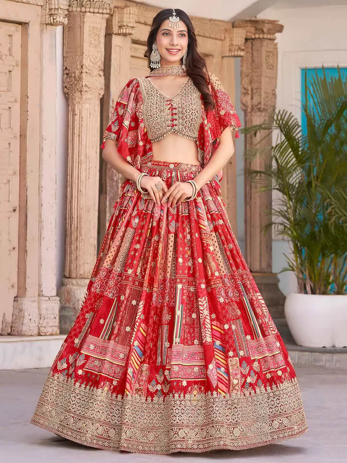 Red Silk Lehenga with Digital Print & Embroidery