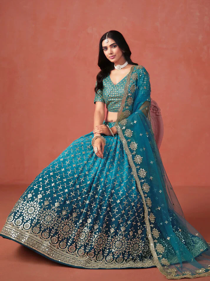 Rama Blue Georgette Lehenga with Zari & Sequins Work