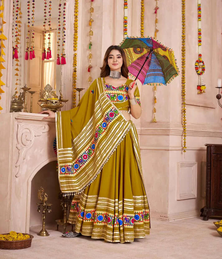 Mustard Brown Kutchi Work Navratri Lehenga Choli