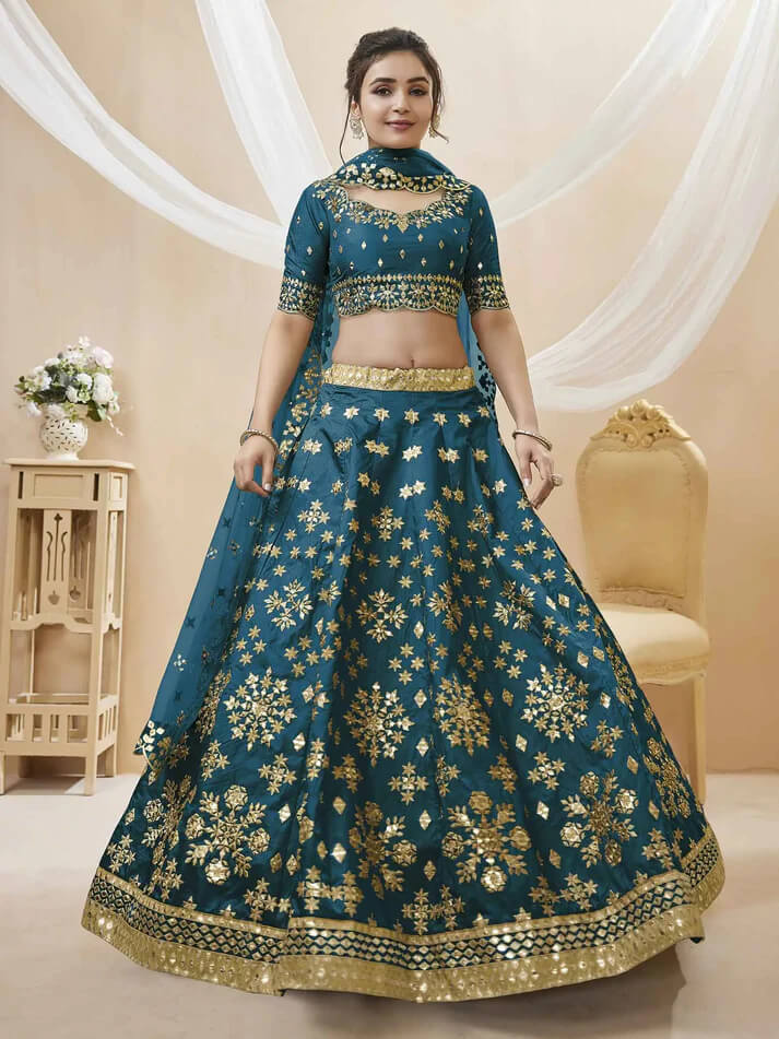 Teal Blue Art Silk Lehenga with Sequins & Zari Work
