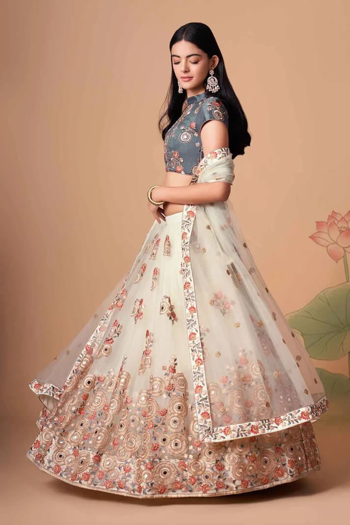 Off White Net Lehenga with Zari, Sequins & Mirror Work