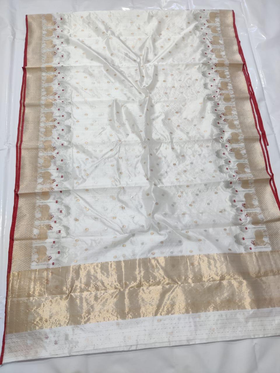 Pearl White Chanderi Handloom Pattu Silk Meenakari Saree