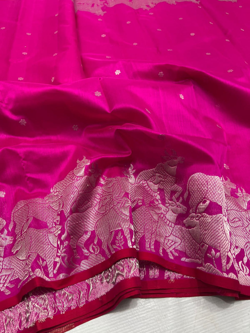 Hot Pink Chanderi Handloom Pattu Silk Handwork Saree