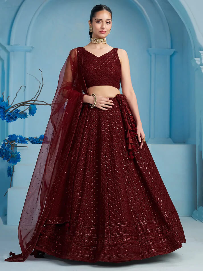 Maroon Designer Lehenga with Sequins & Dupatta