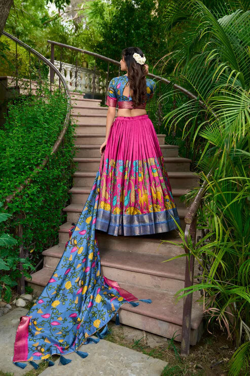 Elegant Pink Dola Silk Lehenga Choli with Kalamkari Print & Zari Work
