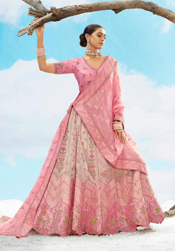 Sweet Pink Floral Embroidered Sequin Bridal Lehenga