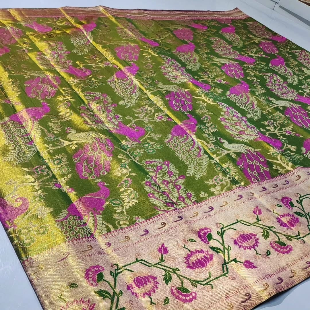 Green Kanchipuram Handloom Tissue Brocade Paithani Silk Saree
