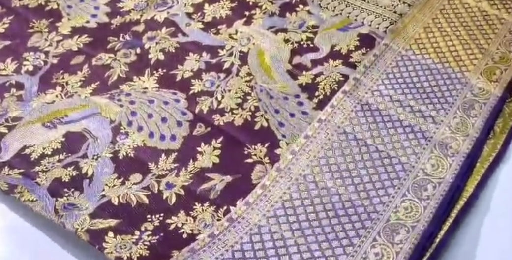Wine Kanchipuram Handloom Tissue Brocade 1G Gold Bridal Saree