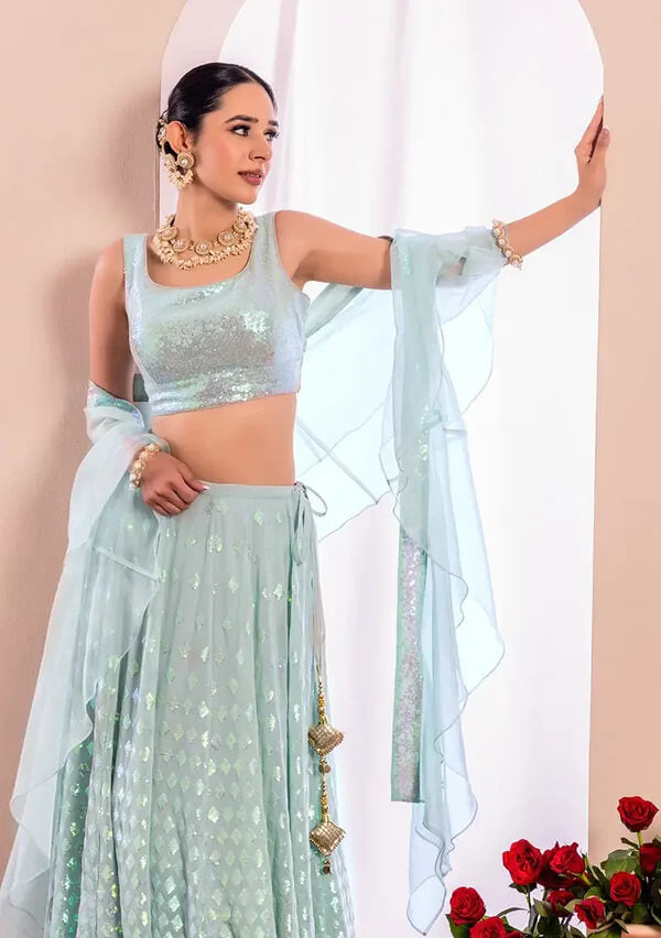Sky Blue Party Lehenga with Sequins & Ruffle Dupatta