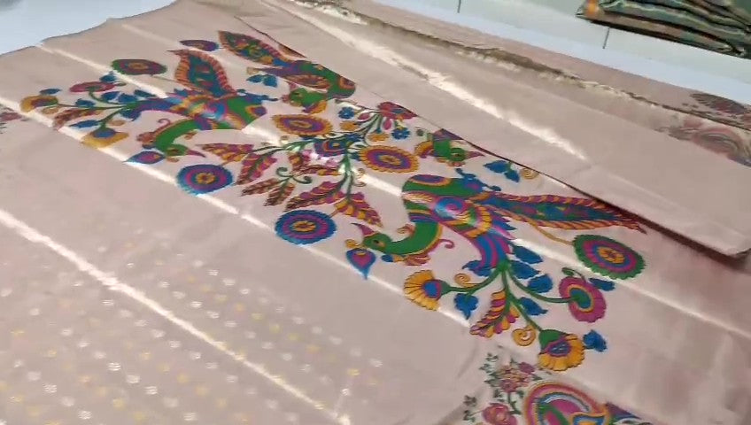 Beige Kanchipuram Handloom Kalamkari Tissue Silk Saree