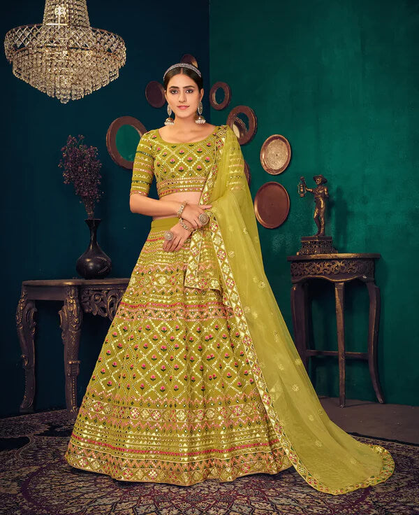 Lime Green Georgette Lehenga Choli with Gota Patti & Thread Work