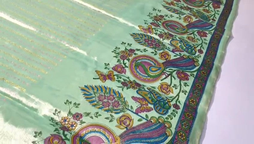 Pista Green Kanchipuram Handloom Kalamkari Tissue Silk Saree