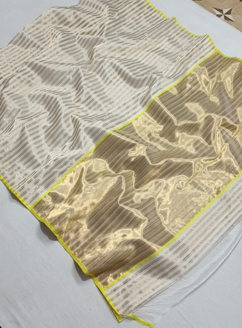 Cream Chanderi Handloom Cotton Silk Striped Saree