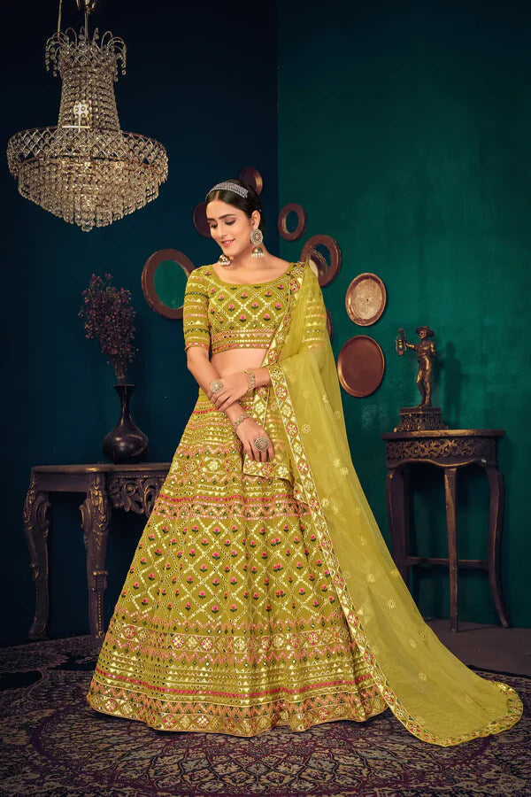 Lime Green Georgette Lehenga Choli with Gota Patti & Thread Work