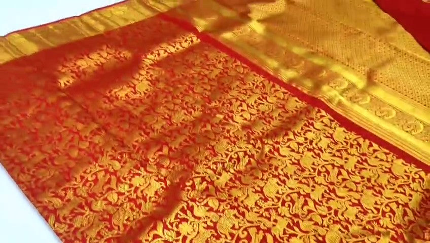 Red Kanchipuram Handloom Tissue Brocade Silk Bridal Saree