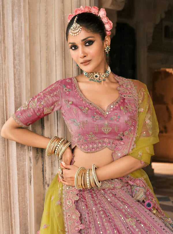 Pink Yellow Bridal Lehenga with Exquisite Designer Embroidery