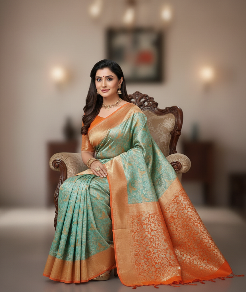 Sea Green Kanchipuram Handloom Tissue Brocade 1G Gold Bridal Saree