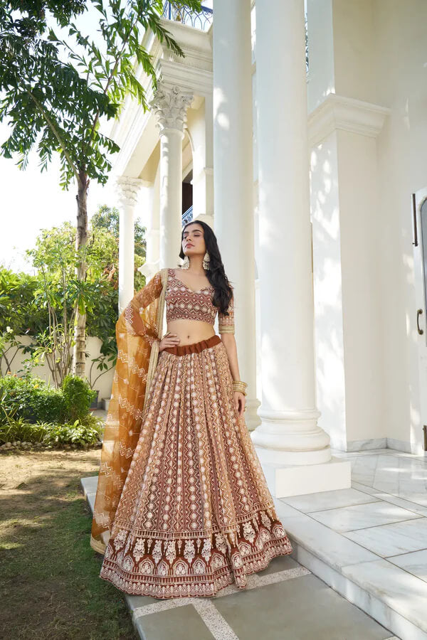 Stylish Dusty Rose Net Lehenga Choli with Thread Work