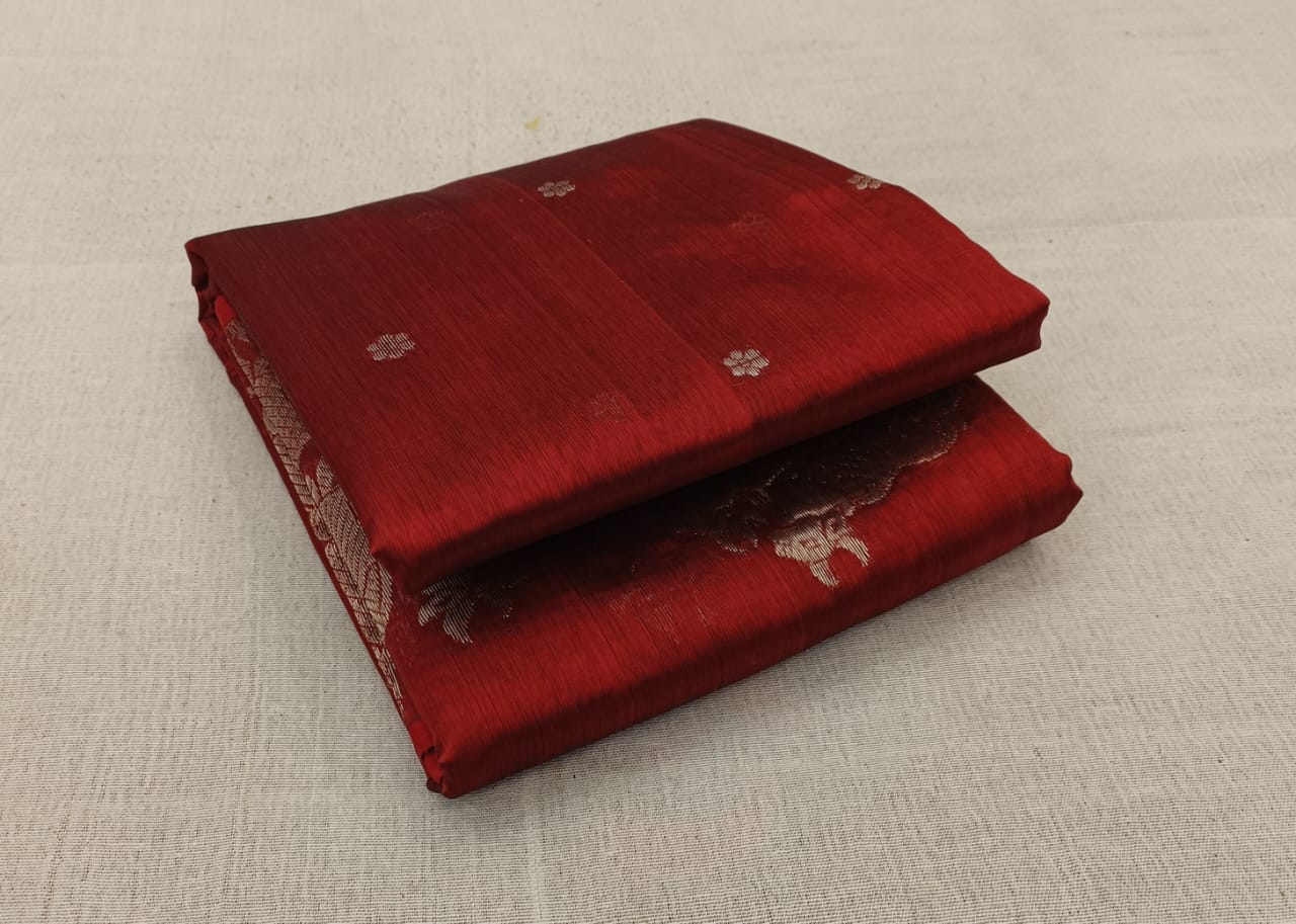 Rustic Red Chanderi Handloom Pattu Silk Handwork Saree