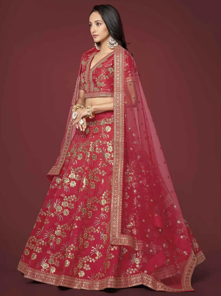 Red Silk Lehenga with Zari, Sequins & Dori Work