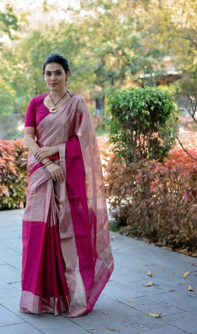 Hot Pink Chanderi Handloom Metallic Tissue Silk Contemporary Saree