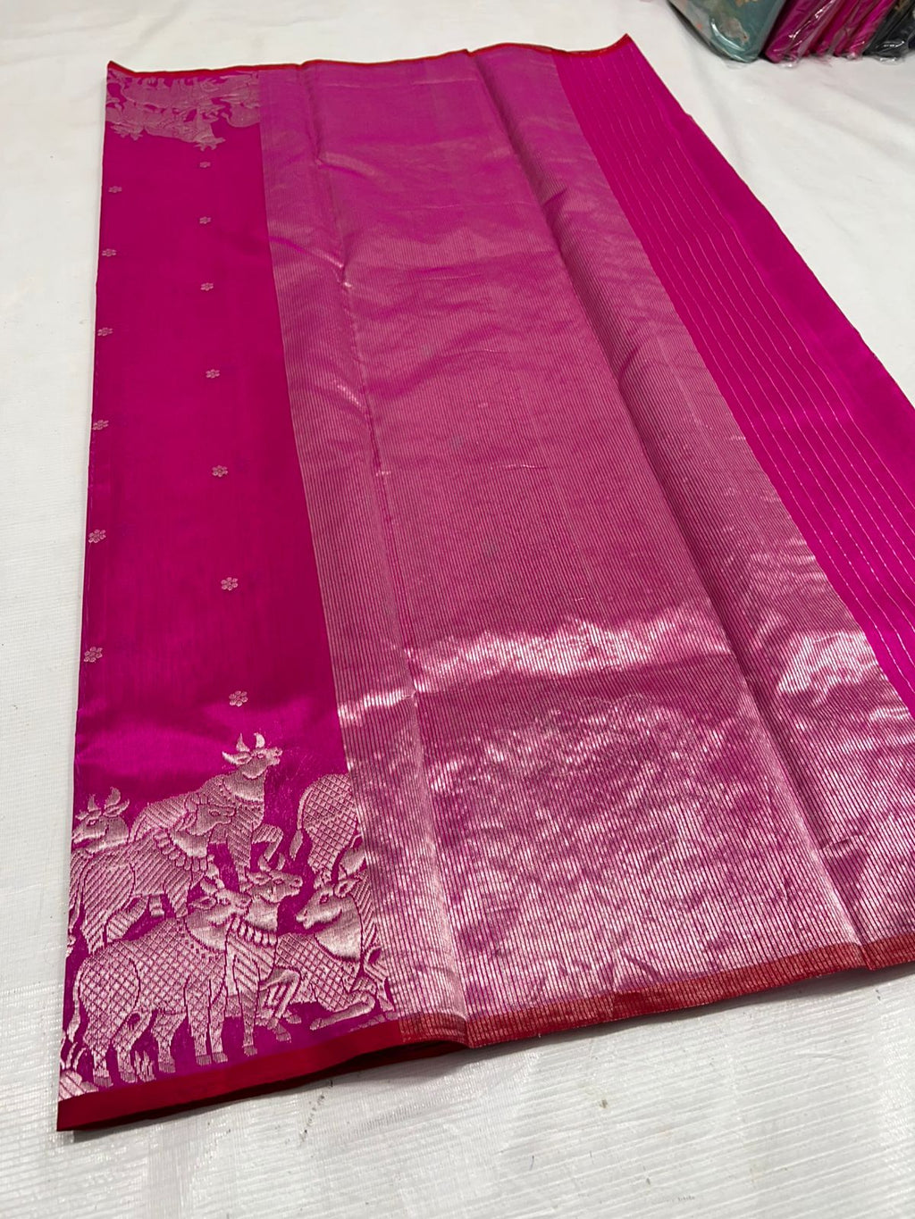 Hot Pink Chanderi Handloom Pattu Silk Handwork Saree