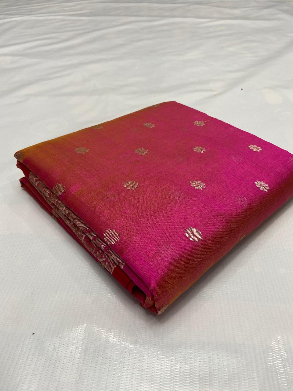 Hot Pink Chanderi Handloom Pattu Silk Meenakari Handwork Saree