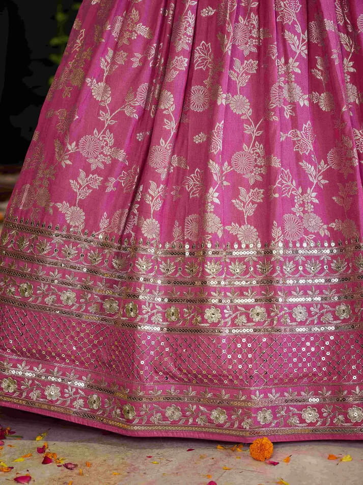 Pink Jacquard Lehenga with Zari & Sequins Work
