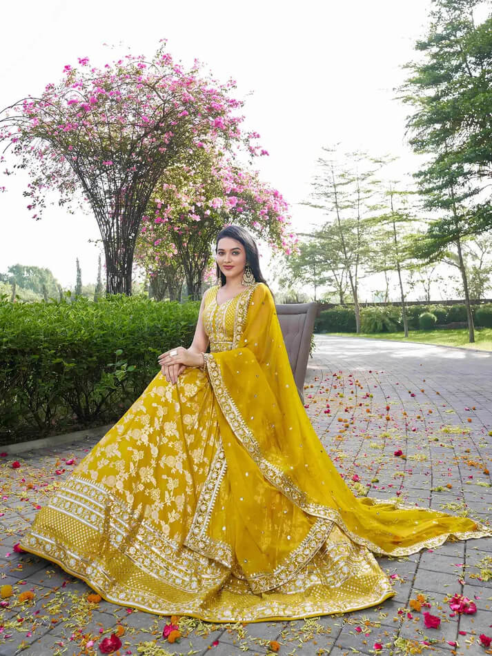 Yellow Jacquard Lehenga with Zari & Sequins Work