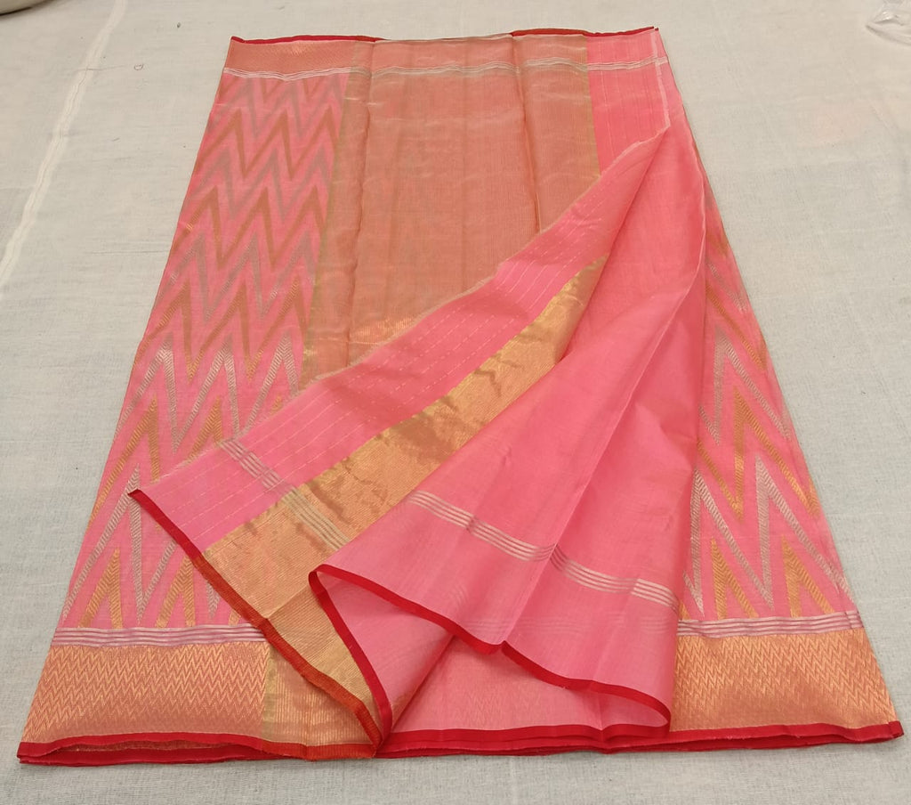 Peach Chanderi Handloom Pattu Silk Handwork Saree