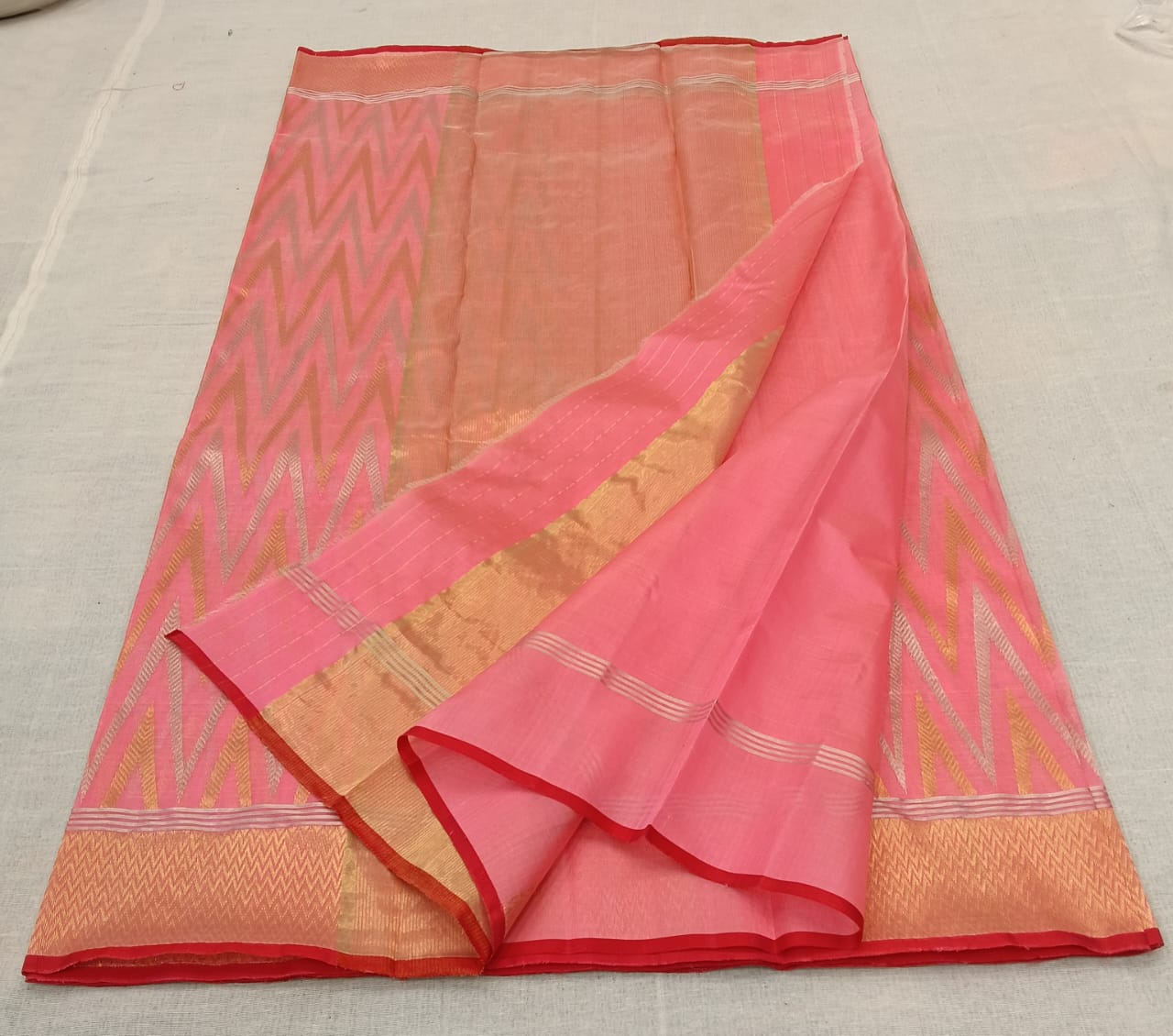 Peach Chanderi Handloom Pattu Silk Handwork Saree
