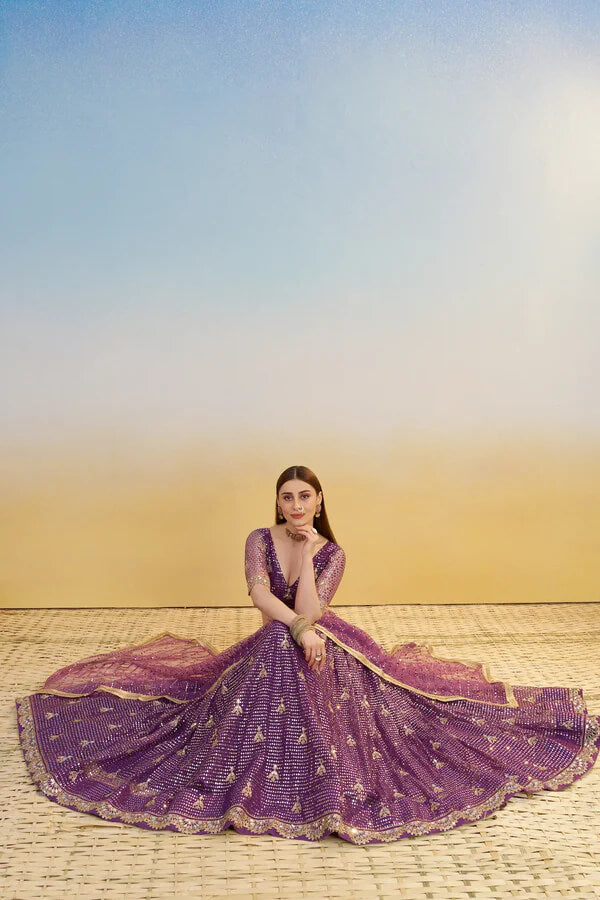 Glamorous Dark Purple Net Lehenga Choli for Weddings