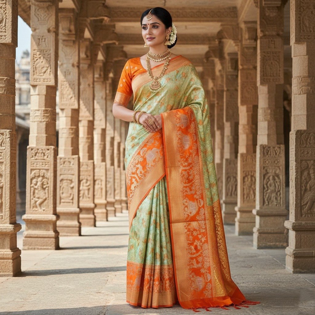 Pista Green Kanchipuram Handloom Tissue Brocade Meenakari Silk Saree