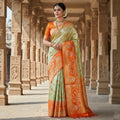 Pista Green Kanchipuram Handloom Tissue Brocade Meenakari Silk Saree