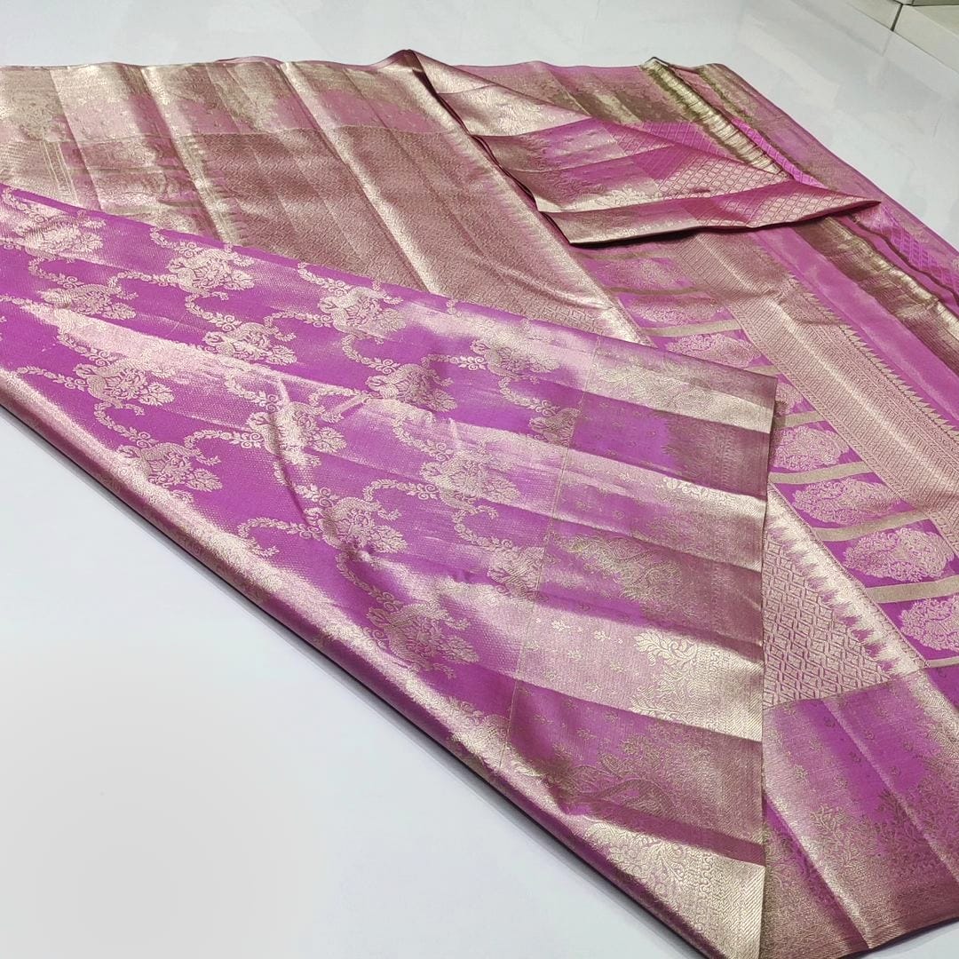 Hot Pink Kanchipuram Handloom Tissue Brocade Silk Saree