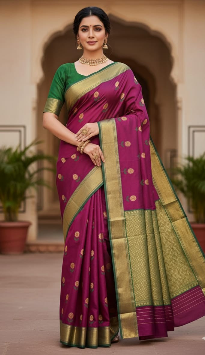 Magenta Chanderi Handloom Pattu Silk Meenakari Nakshi Saree