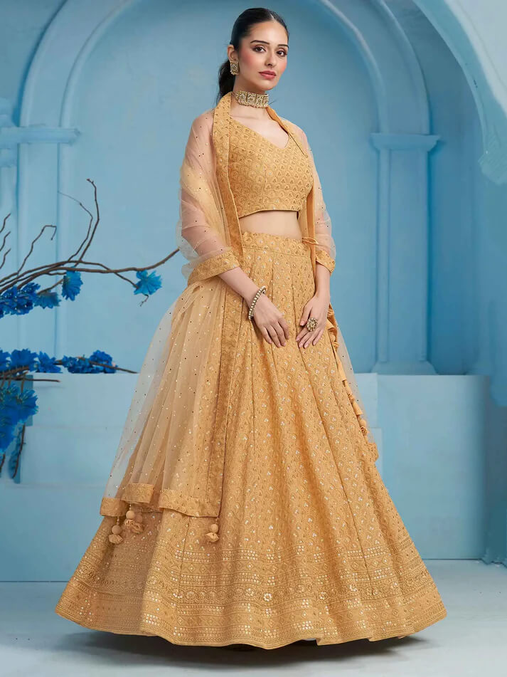 Beige Party Wear Lehenga with Sequins & Embroidery