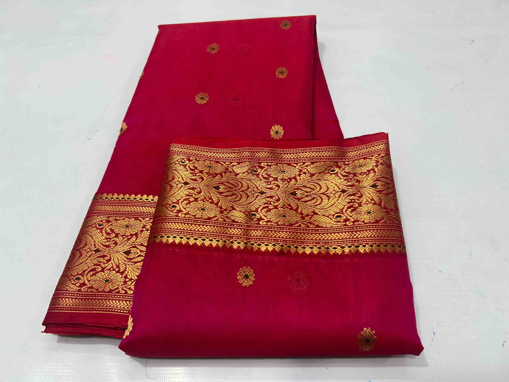 Red Chanderi Handloom Katan Silk Meenakari Saree