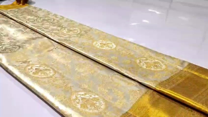 Ivory & Gold Kanchipuram Handloom Tissue Brocade Bridal Silk Saree