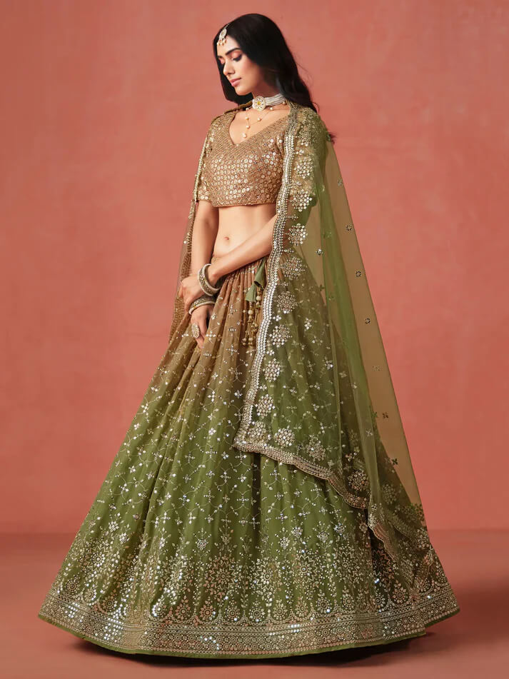 Mehandi Green Gradient Georgette Lehenga with Zari & Sequins