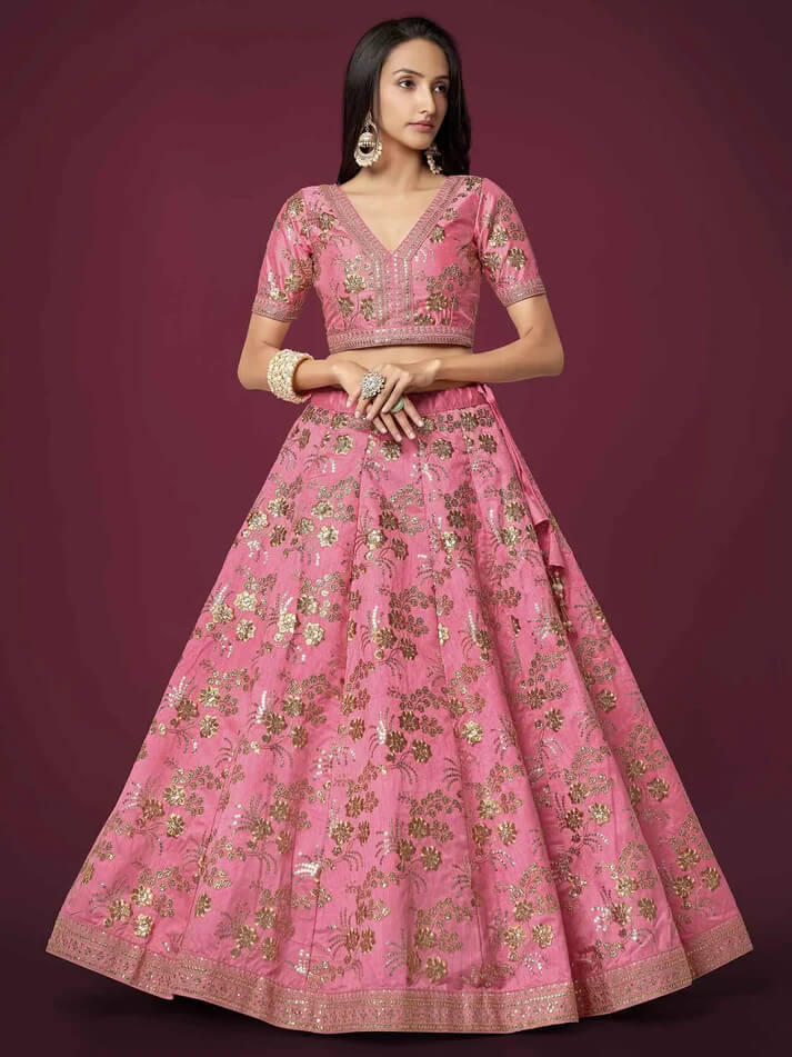 Peach Silk Lehenga with Zari, Sequins & Dori Work