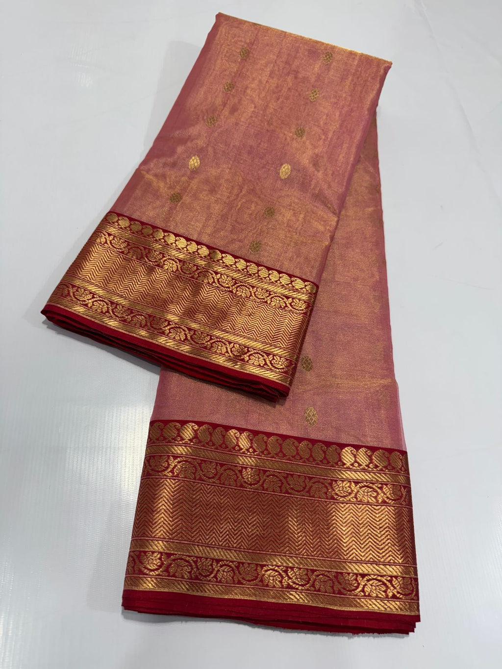 Peach Chanderi Handloom Katan Tissue Silk Saree
