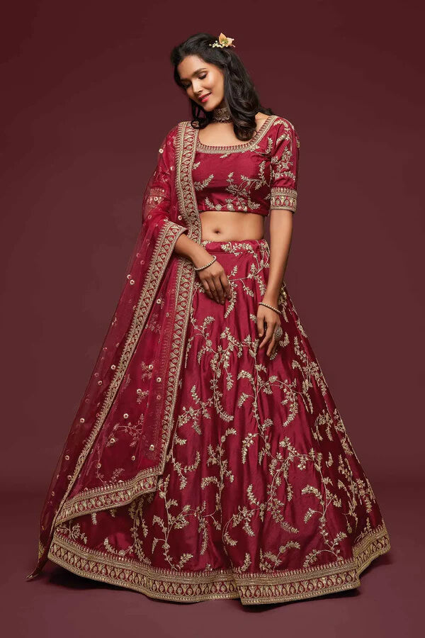 Maroon Silk Lehenga with Thread, Zari & Sequins Work