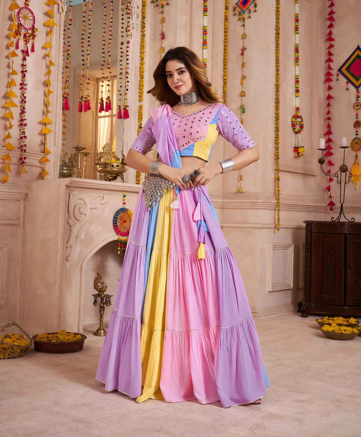 Navratri Light Multi Color Lehenga with Patch & Mirror